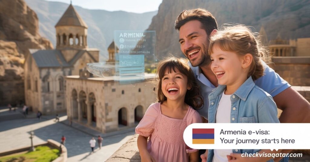 A vibrant lifestyle advertisement promoting the "Armenia E-Visa" for Qatar residents features a smiling Qatari family – parents and two children – enjoying a scenic view of the Geghard Monastery in Armenia, subtly overlaid with a holographic display showcasing the ease of the online application process. The image is bathed in warm, golden sunlight, highlighting the historical architecture and the family's joyful experience, with a shallow depth of field blurring the background slightly to draw focus to the family and the monastery. At the bottom right corner, a sleek banner displays "Armenia E-Visa: Your Journey Starts Here" in a modern, clean font, with the Armenian flag subtly integrated into the design and the overall aesthetic conveying a sense of adventure, cultural immersion, and seamless travel planning.