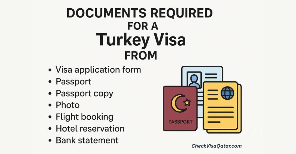 To obtain a Turkish visa from Qatar, you'll generally need a valid passport, a completed application form, passport-sized photos, proof of financial means, travel insurance, and a travel itinerary