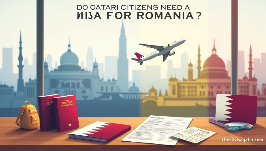 "A professional travel-themed illustration showing a Qatari passport placed next to a Romanian visa document on a wooden desk, with small travel items like an airplane ticket and boarding pass. In the background, a blended scene of Doha skyline and the Romanian Palace of Parliament, with an airplane flying between them. Use accent colors from the Qatar flag (maroon & white) and Romania flag (blue, yellow & red). At the top, write in bold clear text: 'Do Qatari Citizens Need a Visa for Romania?'. At the bottom corner, neatly include the website name 'checkvisaqatar.com' in a professional style."