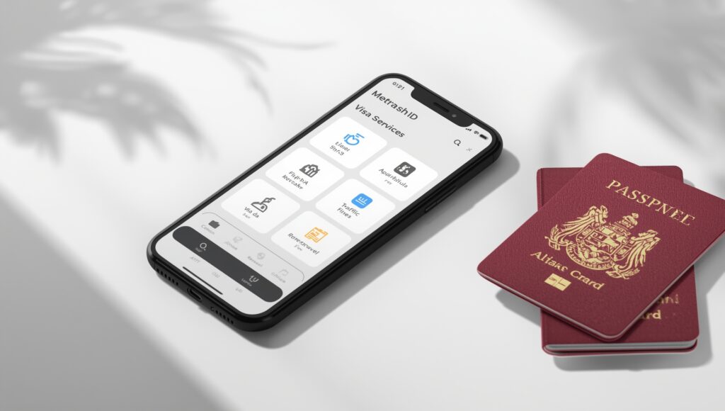 "A realistic smartphone screen mockup showing the Metrash2 App interface with icons like 'Qatar ID', 'Visa Services', 'Traffic Fines', and 'Renewals'. Place the phone on a clean desk with a Qatar ID card and passport nearby to emphasize official services. Add soft natural lighting for a professional look. No logos, only focus on the app interface and services."